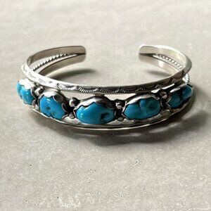C. Yazzie Navajo Sterling Silver Open Cuff Bracelet with Five Turquoise Nuggets